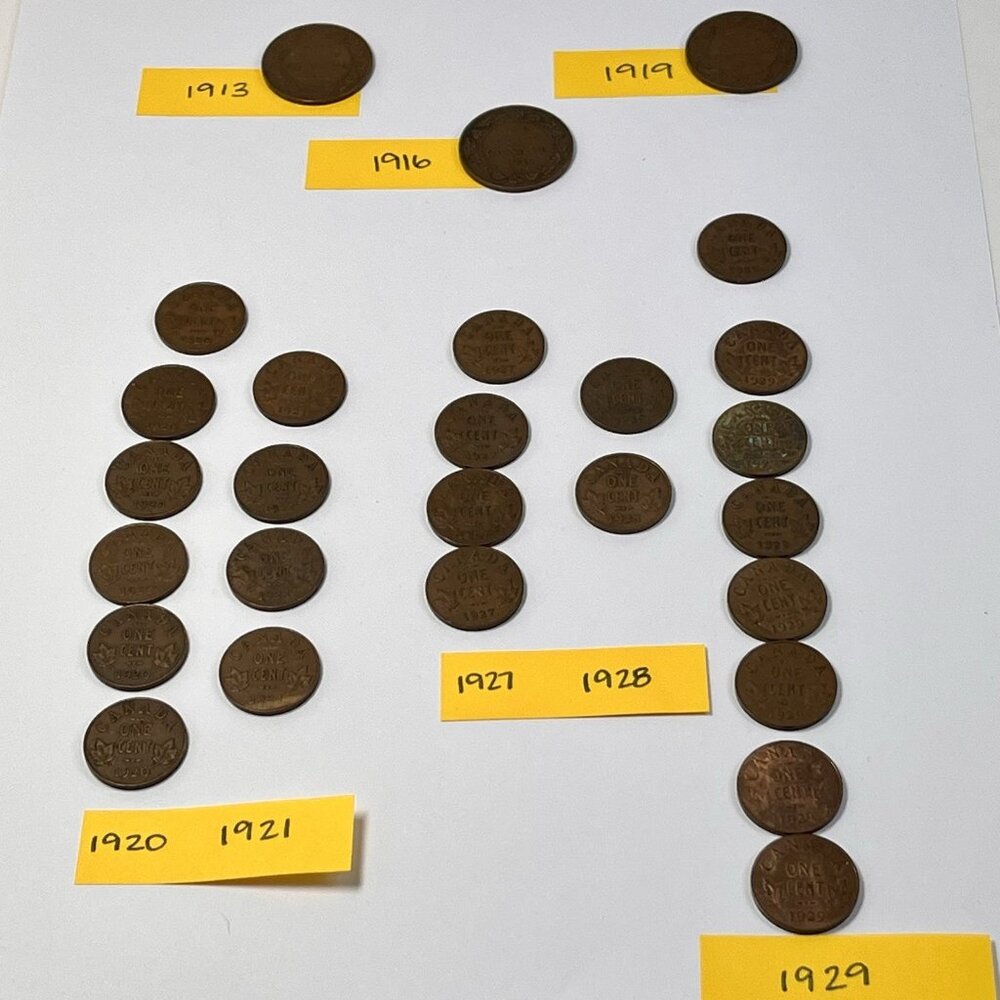 27pcs One Cent Canada Coins 1913 1916 1919 1920 1921 1927 1928 1929 Assorted Lot